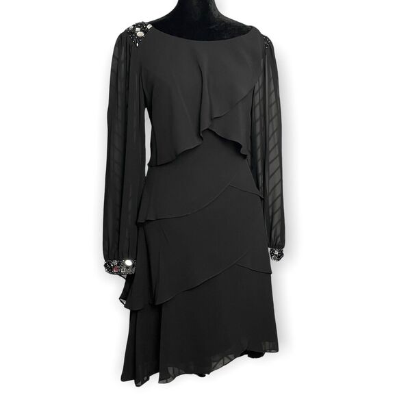 SLNY Long Sleeve Layered Ruffle Knee Length Dress Women's 10 Black Beaded NEW - Picture 1 of 8